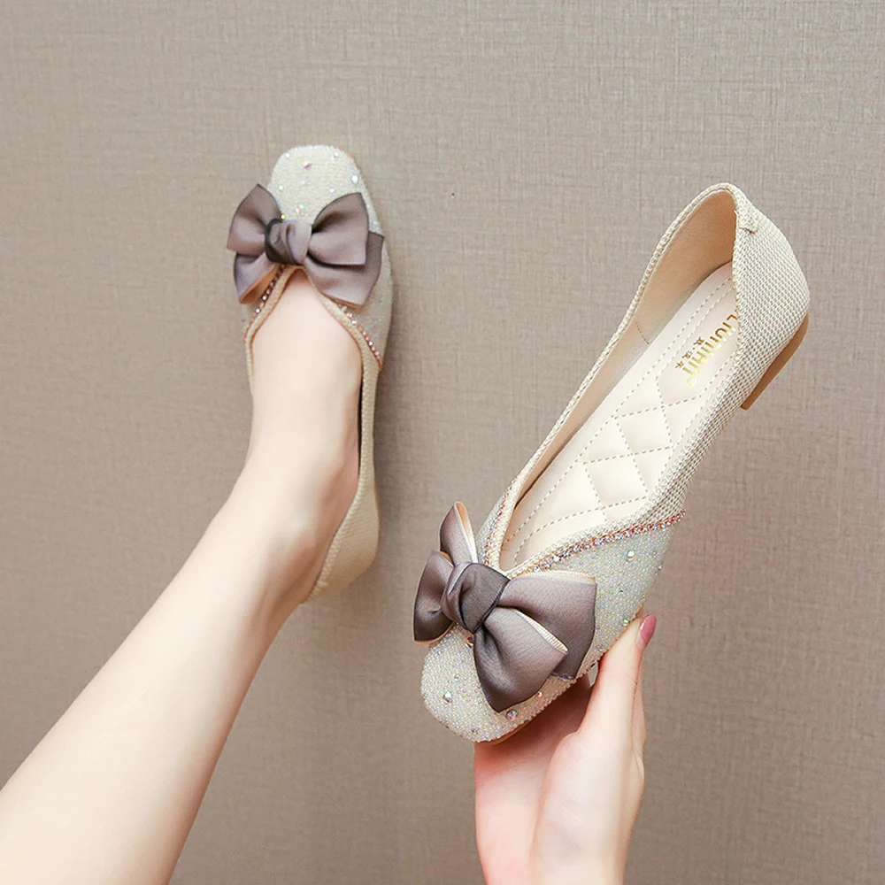 Flat single shoes female spring 2023 new bow gentle shallow mouth ladle shoes all match soft sole bean shoes