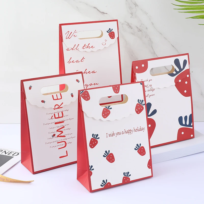 

10PCS Hand Handle Gift Bag Mini Cute Portable Birthday Party Favors Candy Paper Packaging Bags White Red Strawberry Letter Pouch