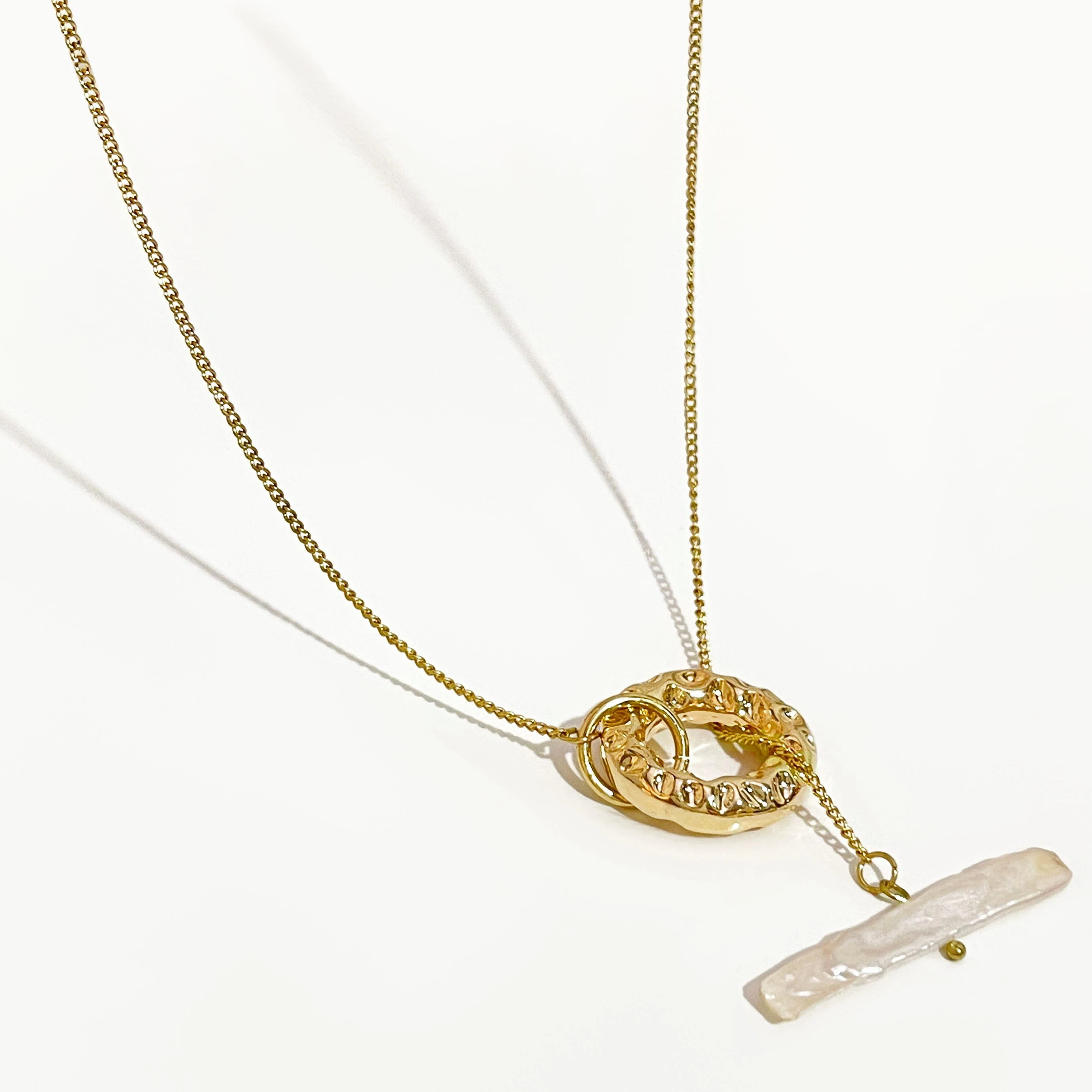 

Peri'sBox Long Chain Necklace For Women With Pendant Gold Color OT Clasp Freshwater Pearls Hammered Necklace Cute Fashion Chains