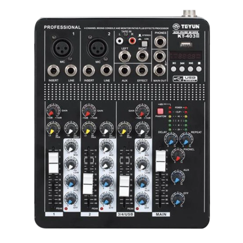 

Sound Card Audio Mixer Sound Board Console Desk System Interface 4 Channel Usb Bluetooth 48V Power Stereo -Us Plug