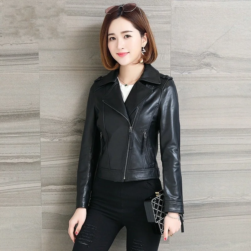 

Female leather jacket, spring 100%, short jacket with slim fit cut, windproof, office closure