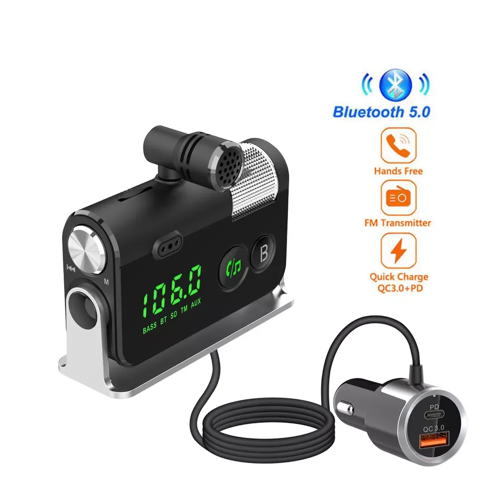 

FM Transmitter Bluetooth 5.0 Car Kit PD+QC3.0 Phone Charger Handsfree AUX Audio Player A2DP Support TF Card Playback