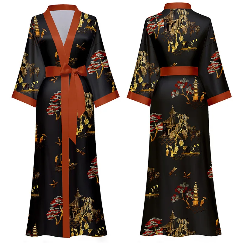 New Spring Summer Women Long Robe Kimono Bathrobe Gown Sexy Black Print Sleepwear Nightgown Casual Half Sleeve Satin Home Dress
