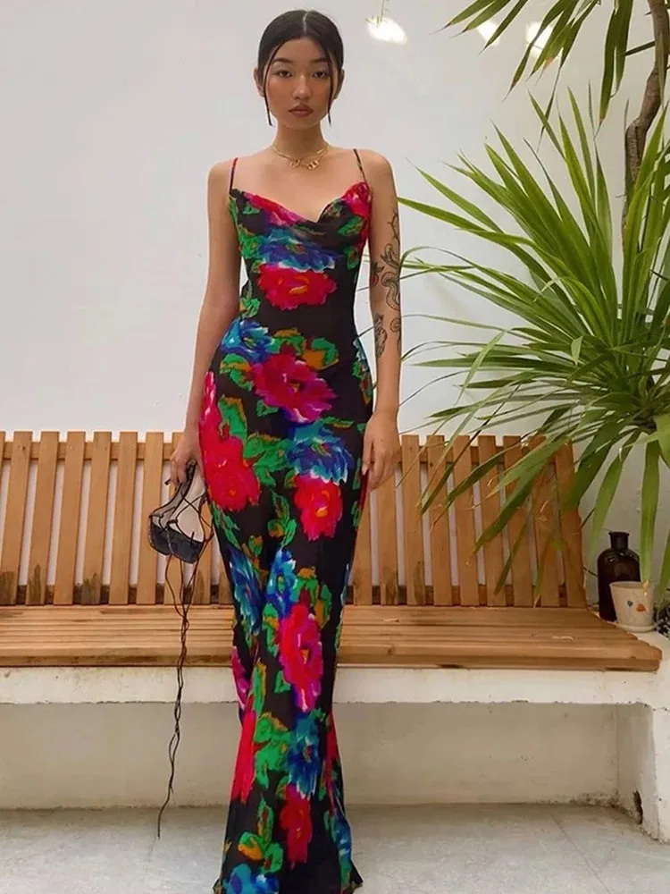 

Floral Maxi Dress Women Cowl Neck Spaghetti Strap Backless Print Beach Dresses Woman Party Night Sexy Long Dress Black