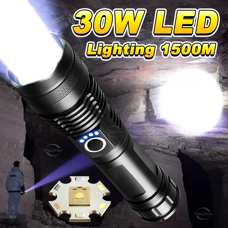 

2023 Latest super bright Led Flashlight USB Chargeable 5 Mode 30W LED Torch High Power Outdoor Waterproof Zoom Tactics Hand Lamp