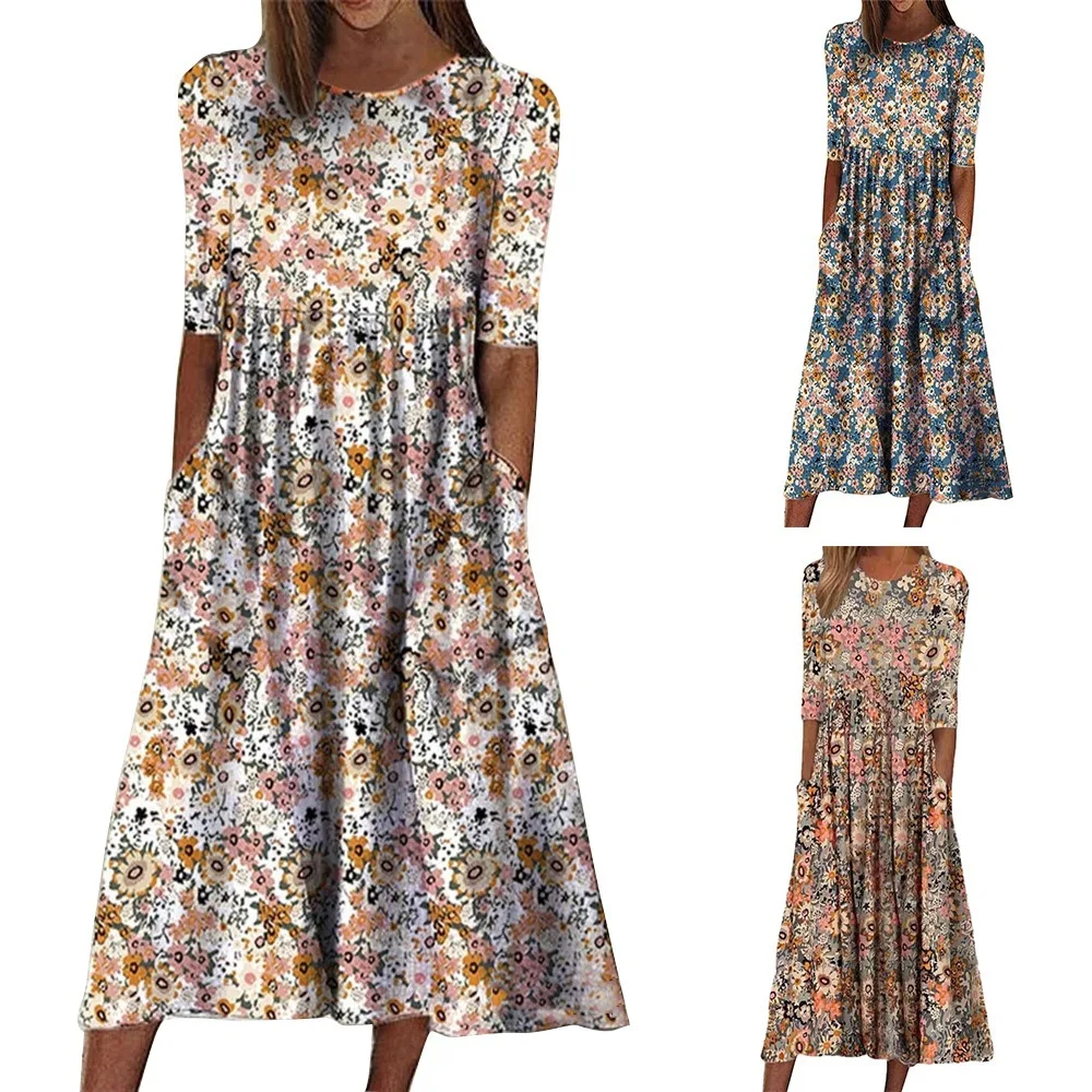 

2023 Spring/Summer Printed Round Neck Pullover Mid Sleeve Loose Casual Mid-Length Dress Women Party Office Elegant Dresses Lady