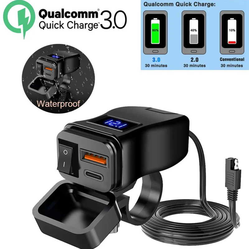 Фото Зарядное устройство для мотоцикла с двумя USB-портами QC3.0, быстрое зарядное устройство, адаптер питания с выключателем, водонепроницаемый цифровой вольтметр, аксессуары для мотоцикла №1