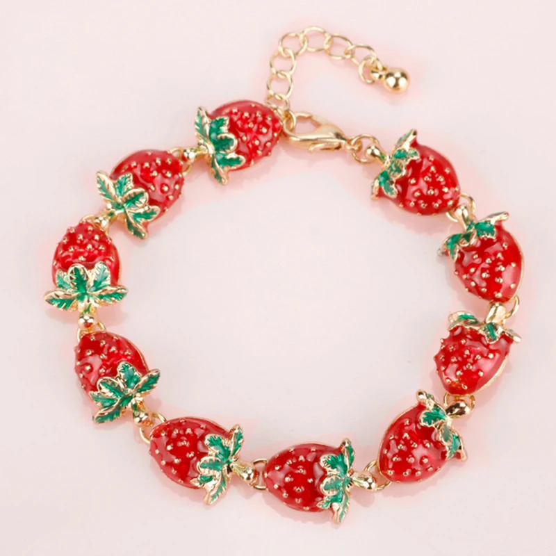 

Red Strawberry Roses Charm Bracelet Bangles Kawaii Shine Crystal Enamel Bracelets For Women Fruit Jewelry Accessory Girl Gifts