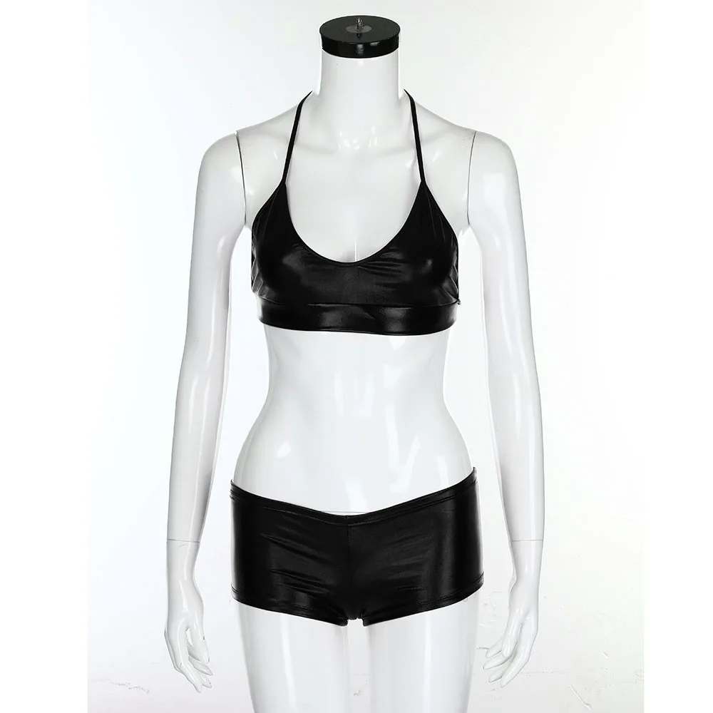 Женский сексуальный комплект бикини из лакированной кожи боксеры купальник