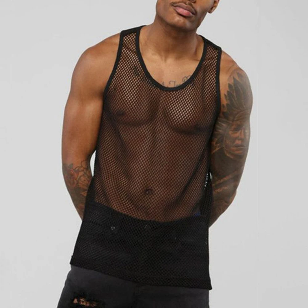 

2023 New Men's Tops Sexy Mesh Perspective Vest Fishing Net Muscle Sleeveless See Through Sexy Tops