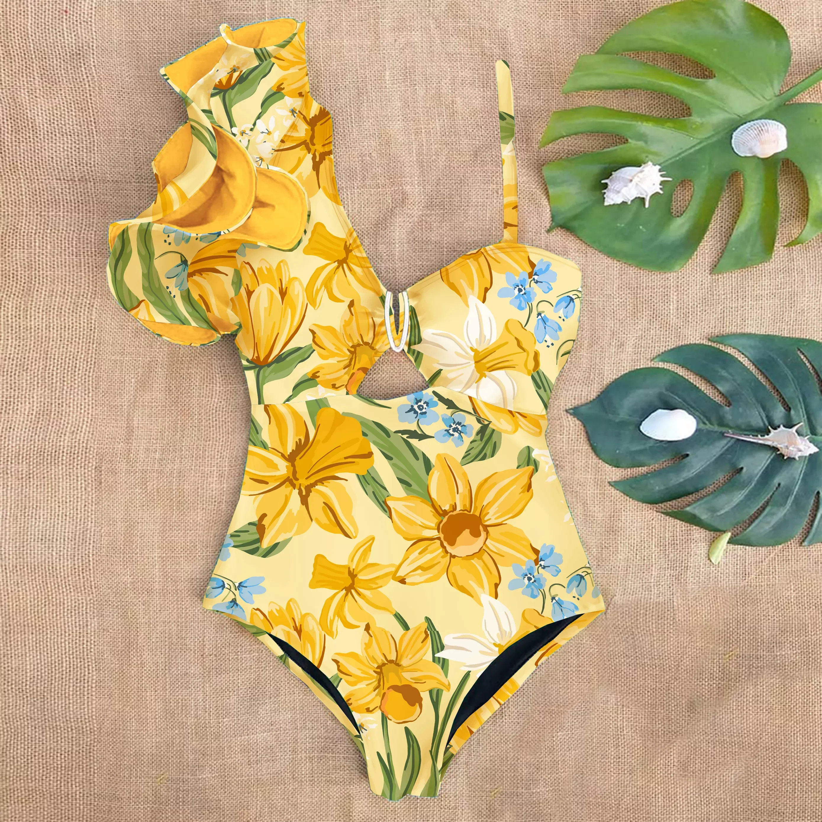 

2022 New Arrival Ruffle Swimwear Single Shoulder One Piece Swimsuit Women Floral Printed Tropical Summer Beach Bathing Suit