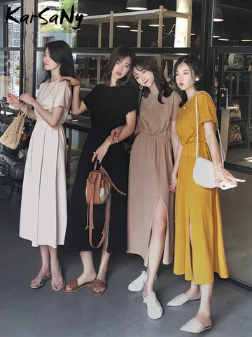 Women's Summer Long Dress 2022 Casual T Shirt Short Sleeve Dress Women Cotton Solid Color Slit Dresses For Women 2022 Summer