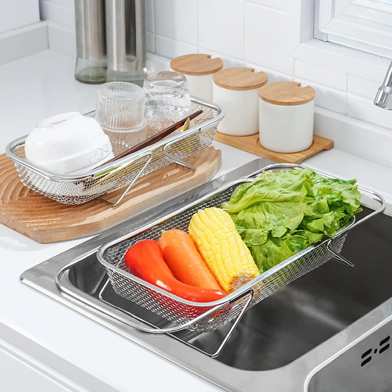 

New Stainless Steel Retractable Kitchen Sink Washing Vegetable Basket Draining Rack Vegetable Basket Storage Rack
