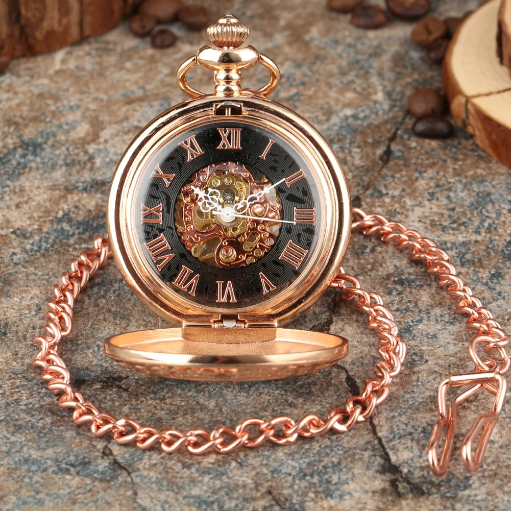 Rose Gold Manual Mechanical Pocket Watch Fob Chain Transparent Skeleton Retro Pendant Pocket Timepiece Hand Winding Movement