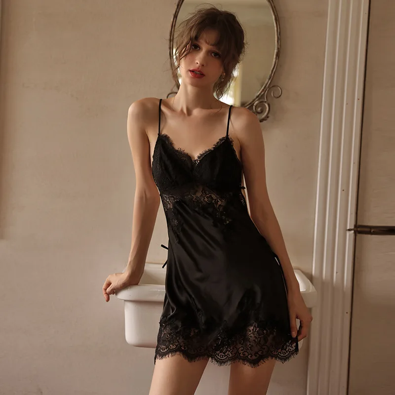 Simulated silk lace dress temptation nightdress open back side slit private room sexy pajamas for sleepwear