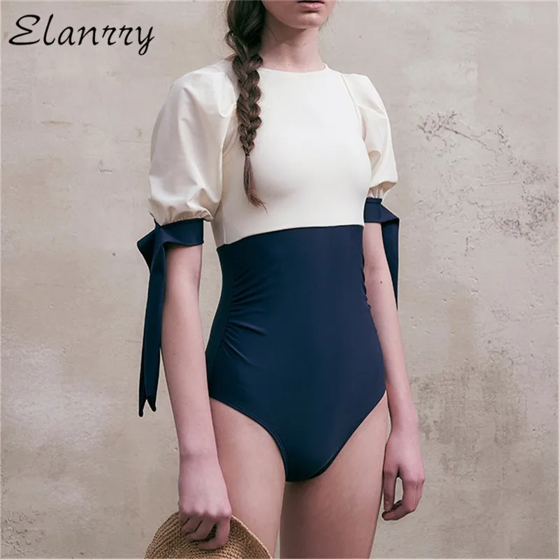 

Women One Piece Swimsuit Short Sleeves Sexy Swimwear Bandage Summer Bathing Suit Push Up 2022 Newest Monokini Vintage Bodysuit