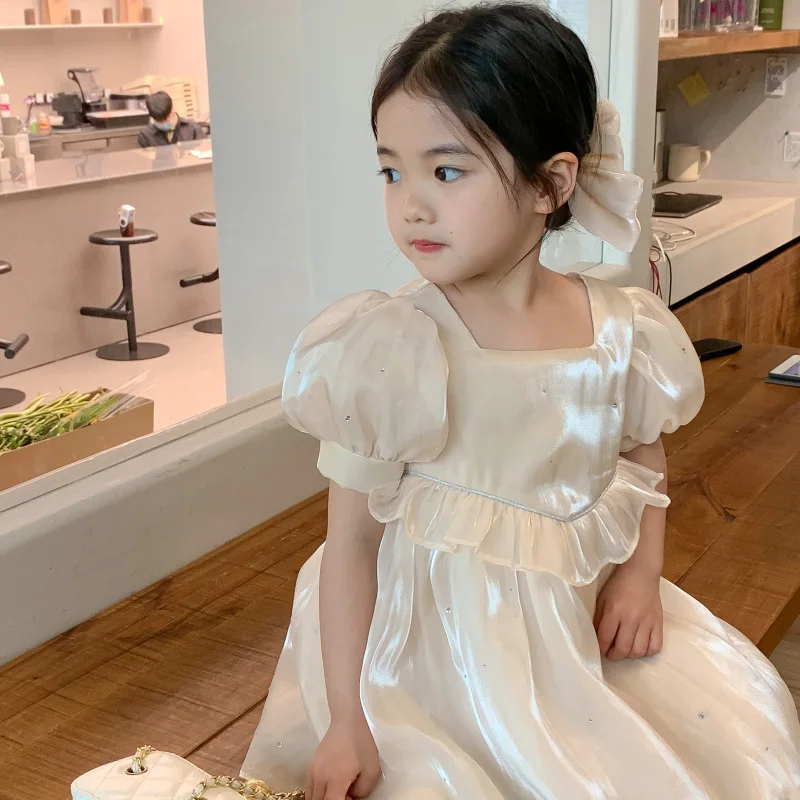 

Fashion Summer Party Dress Kid Girl Square Collar Short Puff Sleeves Dresses Birthday Wedding Dress