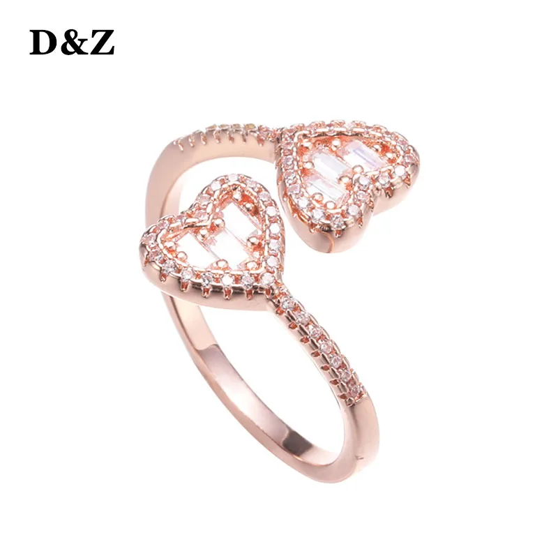 

D&Z Adjustale Baguette Heart Prong Ring Iced Out CZ Stones Gold Color Personalised Fashion Jewelry Engagement Gift For Wo