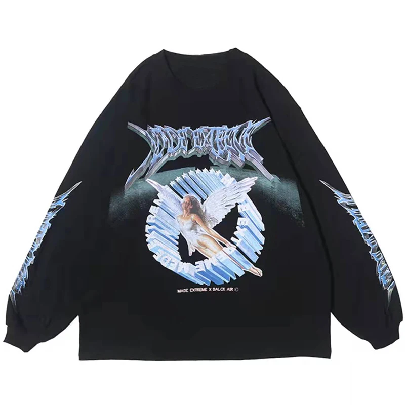 

Свитшот в стиле хип-хоп для мужчин и женщин, уличная одежда в стиле ретро с рисунком ангела, свободный хлопковый пуловер оверсайз, топы