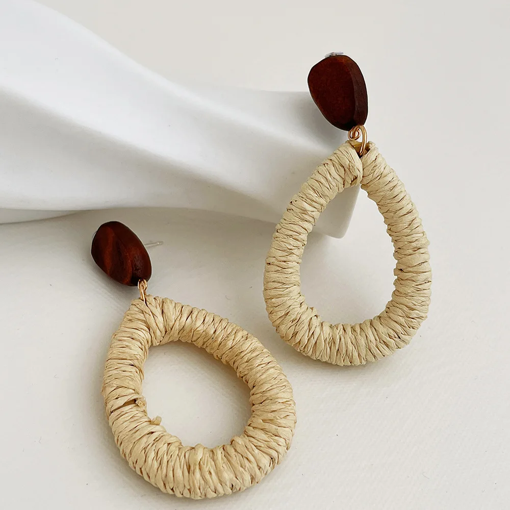 

Minar Vintage Multi-Type Rattan Knit Handmade Pendant Earrings for Women Ladies Hollow Square Waterdrop Wood Earring Accessories