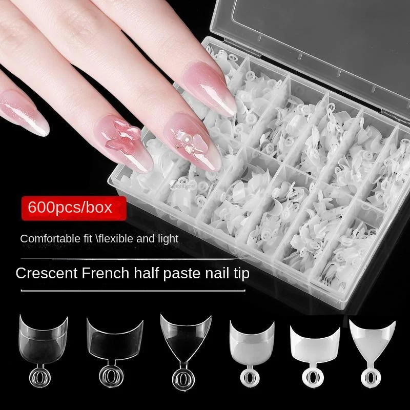 600Pcs Nail Art Fake Nail Half Cover French Crescent Edge Small White Edge Short Style Nail Art Decoration Tool