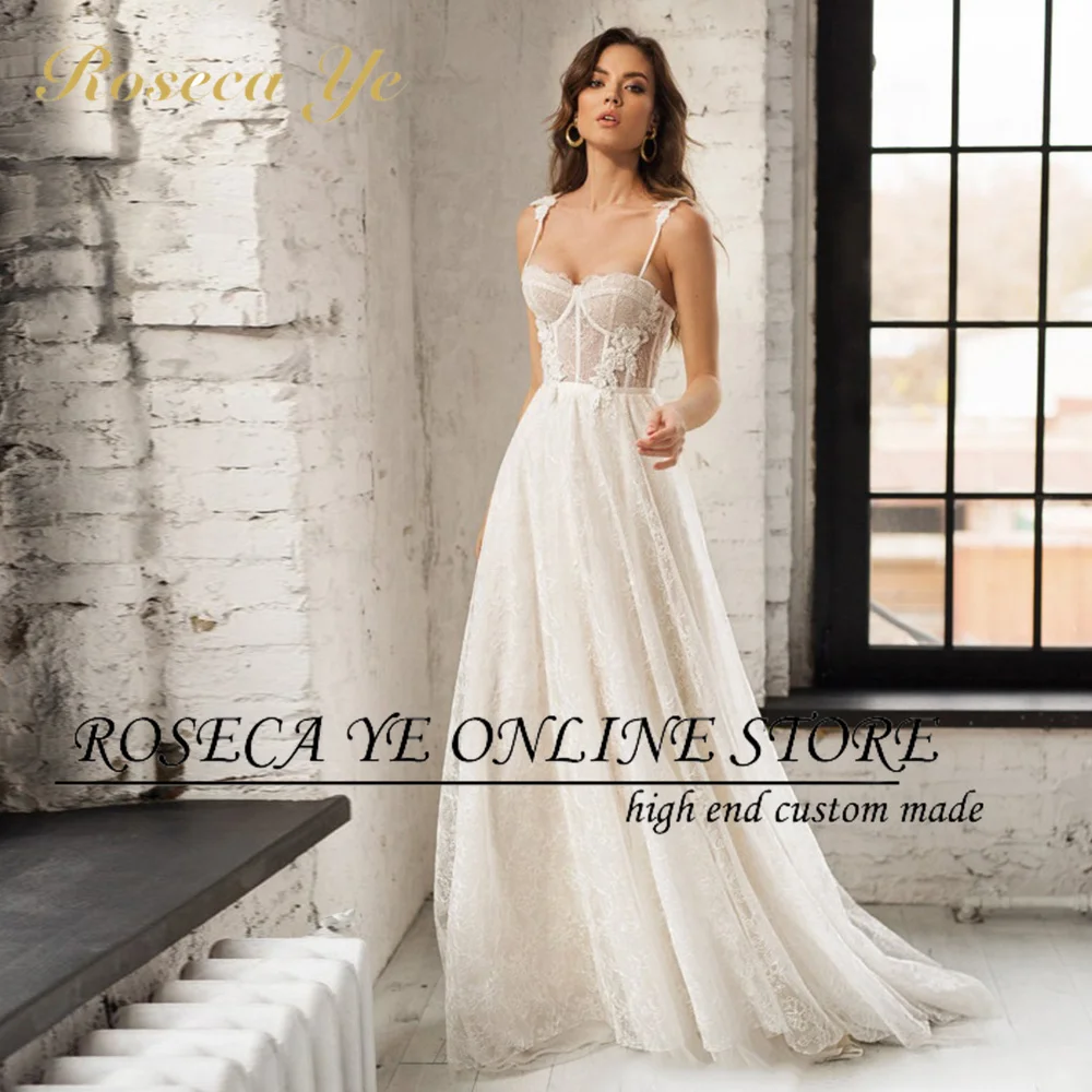 

Roseca Ye 2022 Spaghetti Straps Tulle Wedding Dress Elegant Sweetheart Neck A-Line Lace Appliques Lace Up Backless Bridal Gown