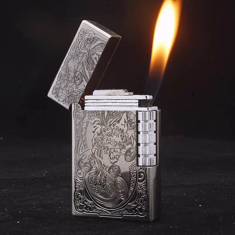 

Engraving Fortune Pixiu Side Pulley Langsheng Inflatable Open Flame Lighter Wholesale