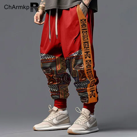 Мужские повседневные брюки ChArmkpR 2024, свободные брюки с принтом в стиле пэчворк и завязками на талии, длинные брюки, модные спортивные брюки, уличная одежда, большие размеры