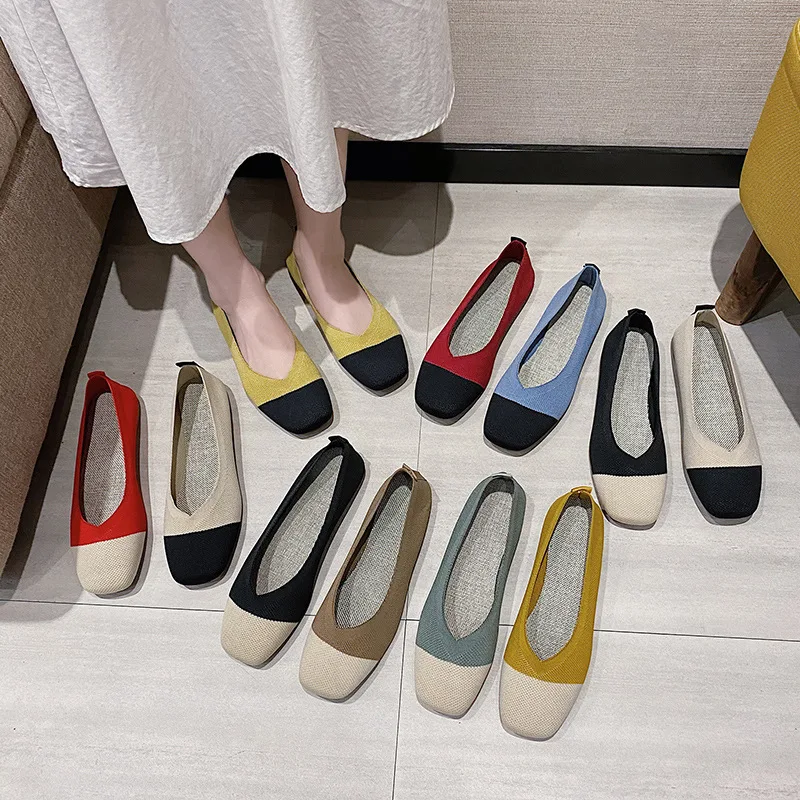 

2022 Breathable Knitted Mesh Ballet Flats Shoes Women Slip on Square Toe Shallow Loafers Ladies Casual Soft Sole Boat Shoes