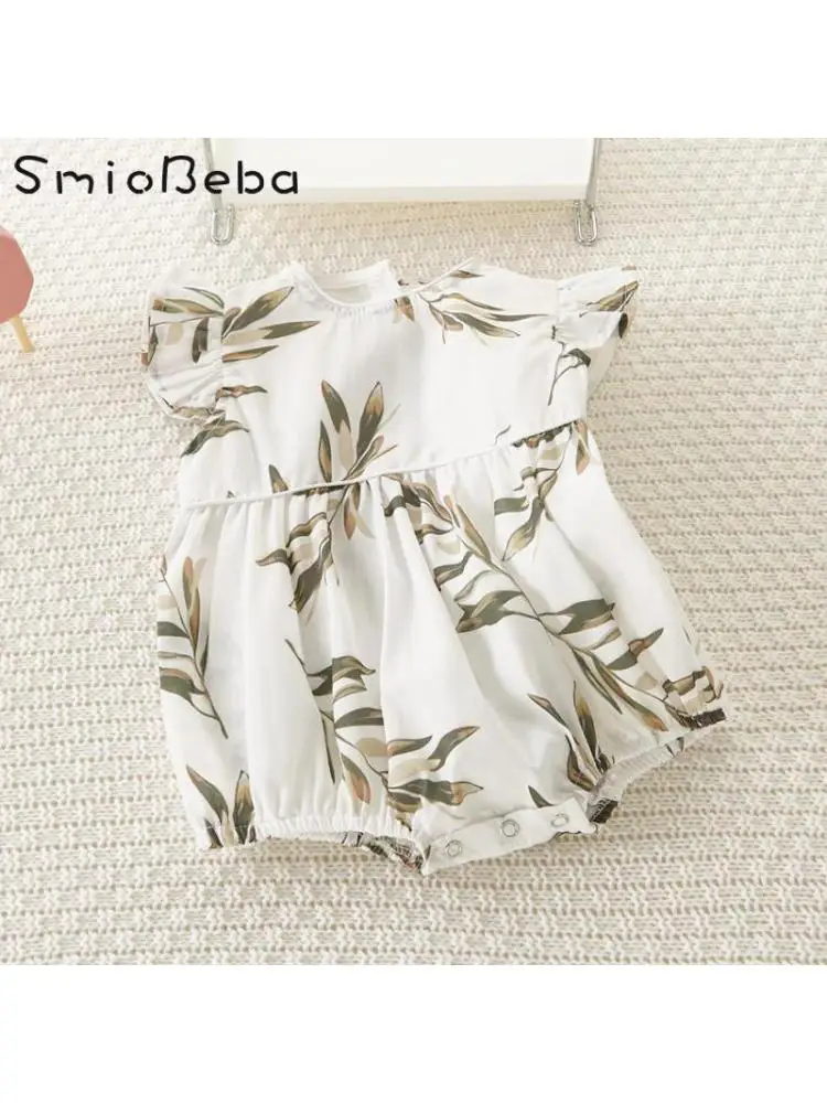 

Baby Girl's Little Fresh Fart Wrap Rompers Summer 2022 Bamboo Leaf Printing Small Flying Sleeves Clothes Newborn Jumpsuit 1-3YRS