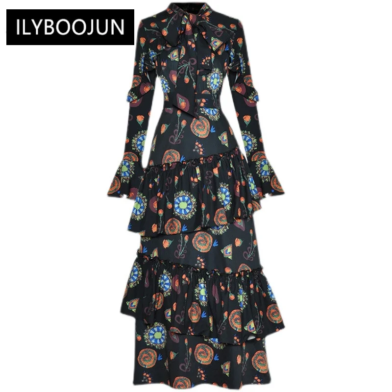 

Женские платья 2022, элегантное высококачественное роскошное осеннее платье с бантом на воротнике, расклешенными рукавами, каскадными оборк...