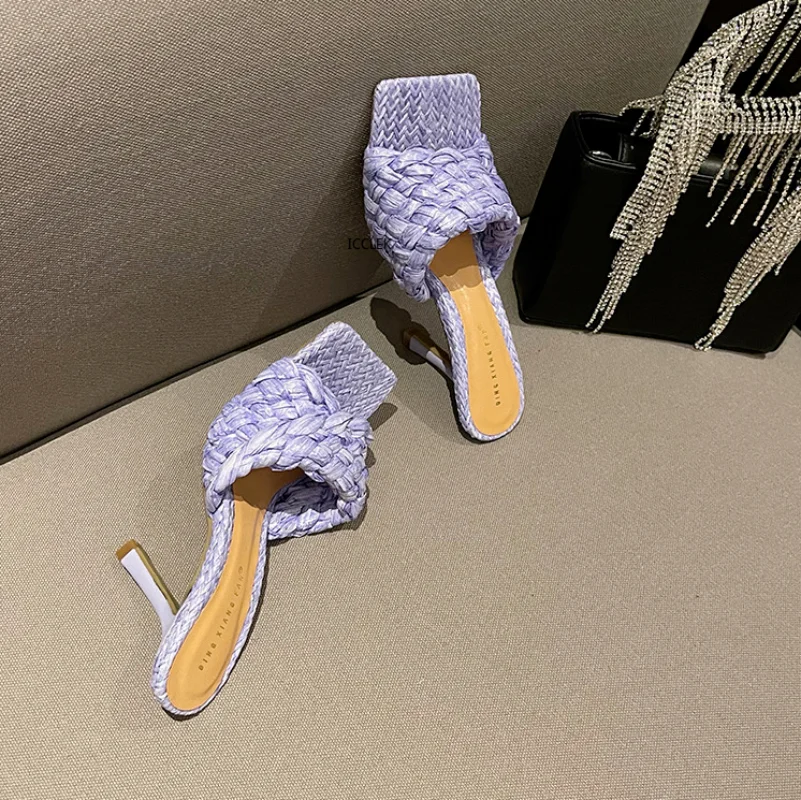 

2023 New Summer Design Weave Square Toe Heels High Quality Slippers Gladiator Beach Womens Sandal Slides Shoes