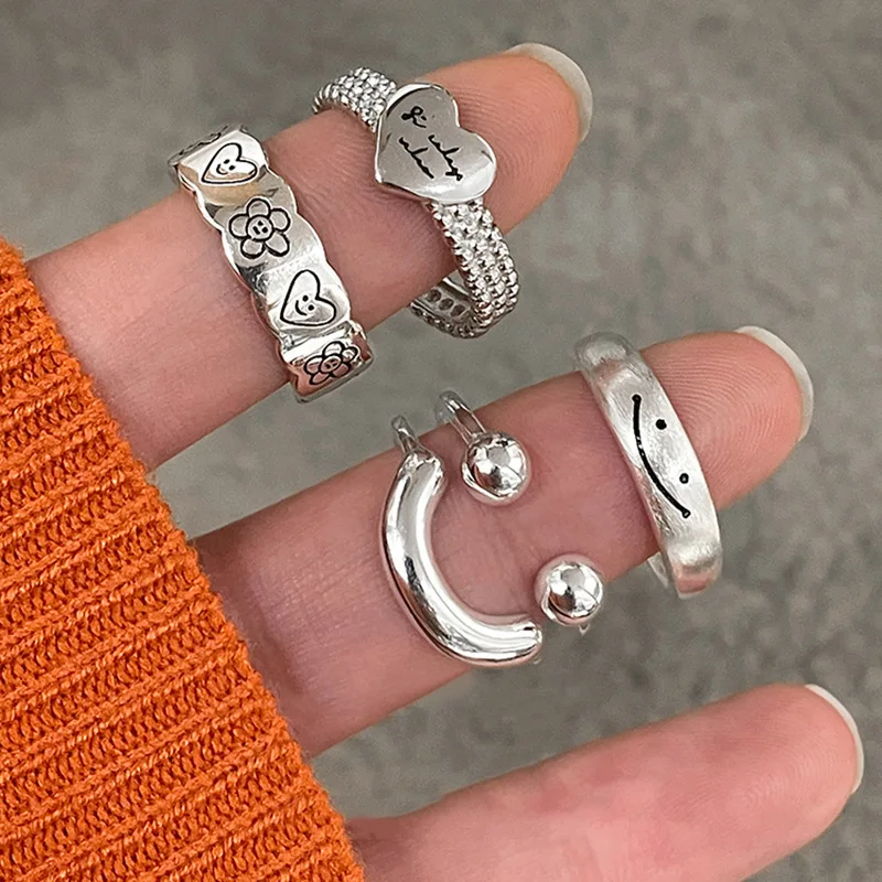 

Smiley Heart Combination Rings Women's Fine Jewelry Finger Adjustable Opening Vintage Rings For Party Birthday Gifts