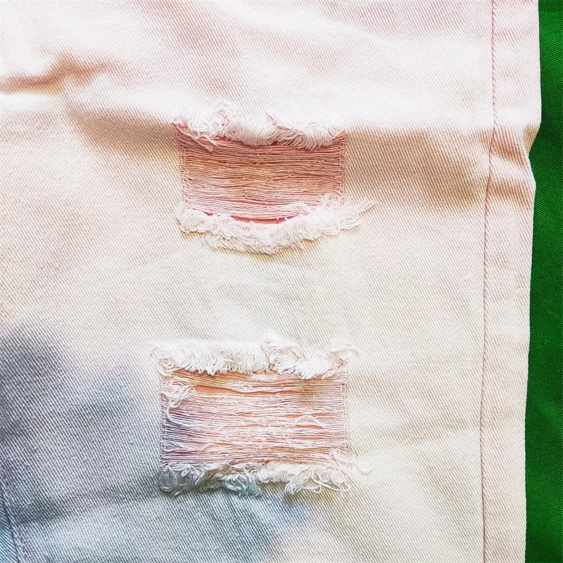 Women Hole Jeans Fashion Gradien Pocket Pink Jeans Full-Length Denim Pants High Elasticity Sweet Casual Pant Korean Fashion