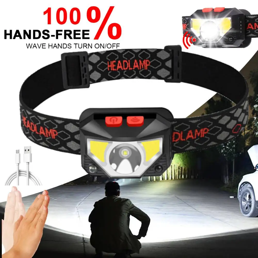 

Powerful LED Headlight Headlamp 8 Modes Handfree Motion Sensor Head Lamp COB Flashlight Torch Head Light For Camping Fishing