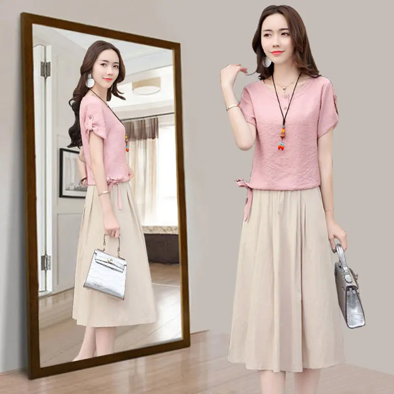 

Summer New Women Two Piece Set Casual T-Shirts Tops and Midi Skirt Female Skirts Suit Sets Ladies Fashion Clothing Suit E80