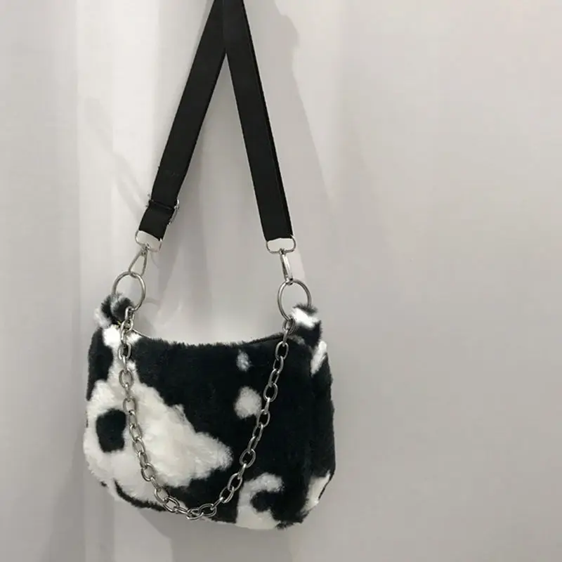 

Autumn Winter Plush Soft Comfortable Cow Pattern Storage Bag Large Capacity Crossbody Bag Shoulder Bags Metal Chain Women Bag