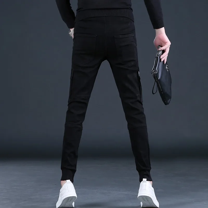 Autumn Men Jean Cargo Pants Fashion Letter Printed Streetwear Casual Black Elastic Waist Drawstring Denim Trousers