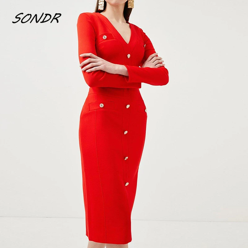 

Luxury OL Fashion Red Dress Button Pockets Long Sleeve Midi Dress Elegant
