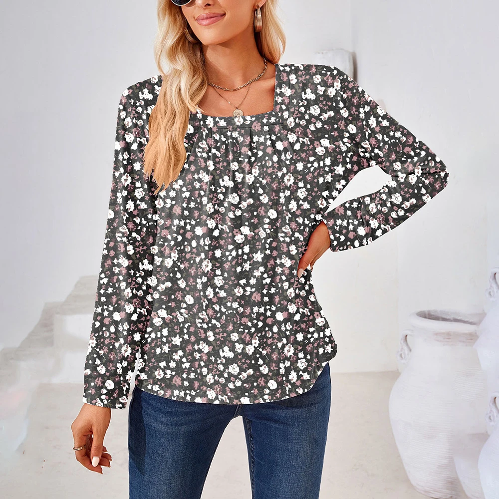 

Футболка женская с длинным рукавом, Модный повседневный топ с цветочным принтом, офисная одежда для работы, свободная рубашка, на лето