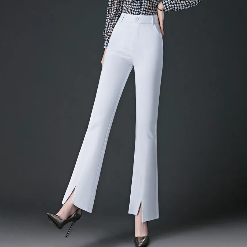 New Spring Autumn Women Elasticity Bell Bottom Pants Woman High Waist Elegant Flare Pants Ladies Full Length Trousers White