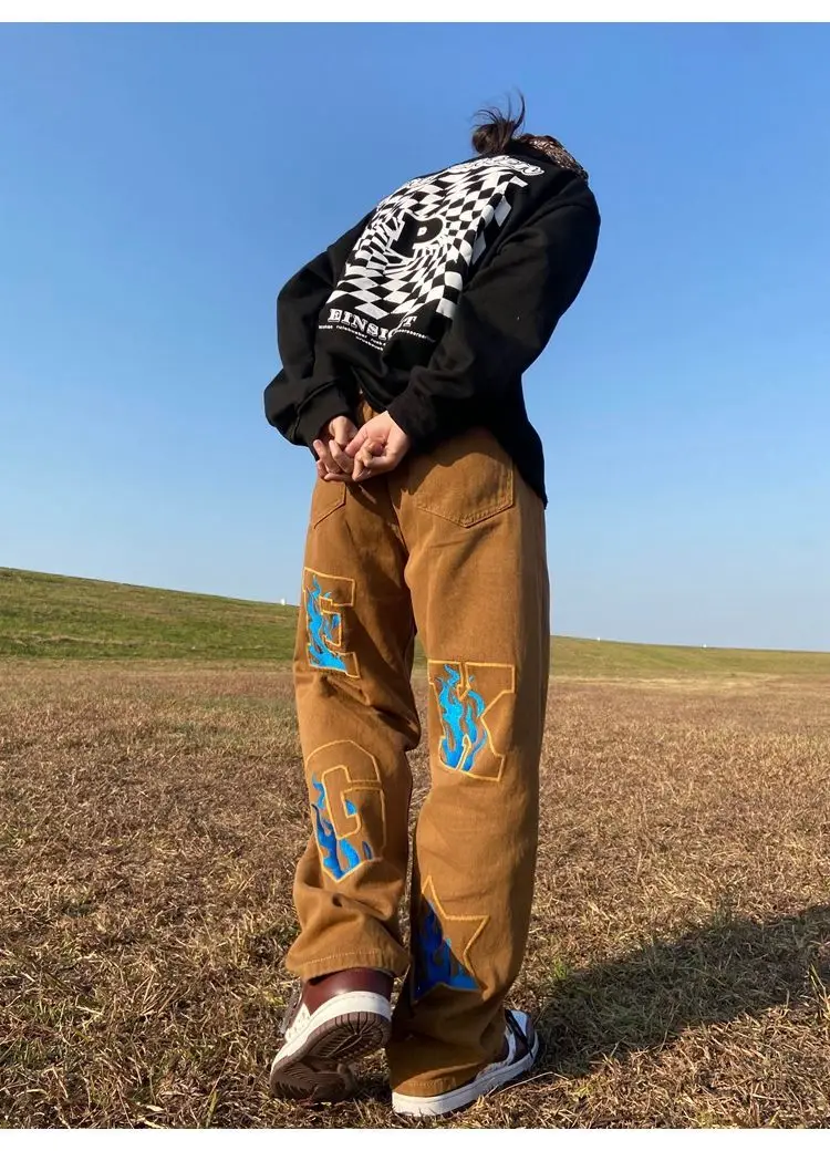 Jeans embroidered high street hip hop niche jeans men and women spring and summer American wide-leg pants
