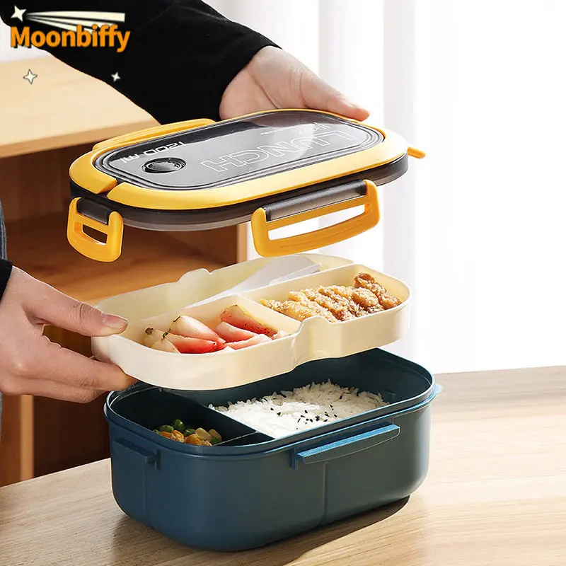 

Lunch Box 2 Layers Grids Student Office Worker Microwave Hermetic Bento Box Outdoor Picnic Fruit Food Container with Fork Spoon