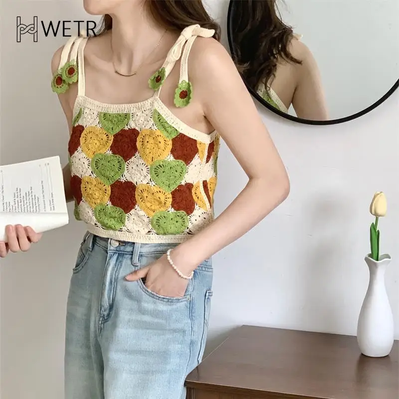

Women Heart Hollow Out Embroidery Knitted Tank Top Summer Ethnic Style Sweet Camisole