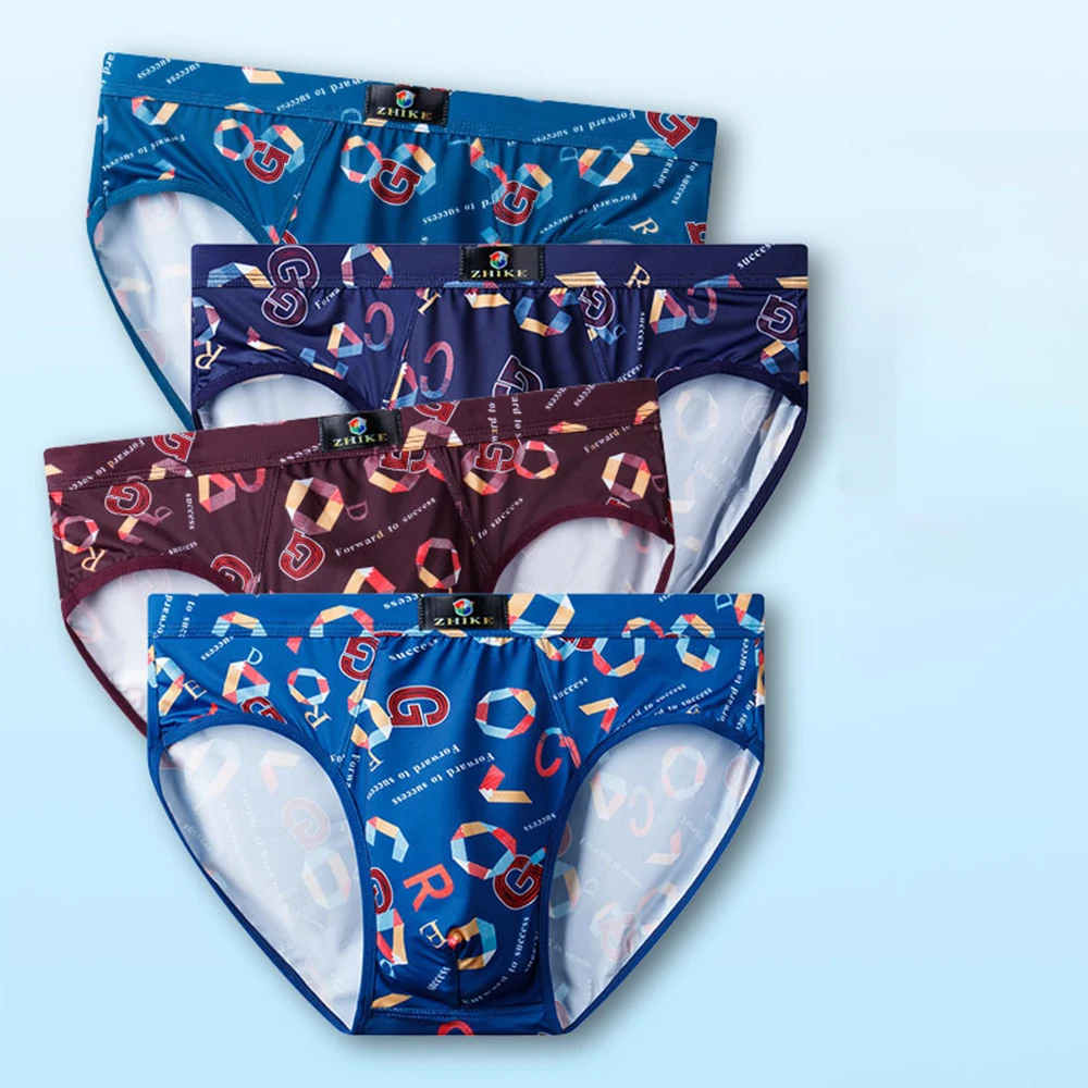 

Sexy Pouch Panties Mens Ice Silk Swimsuit Fashion Print Briefs Cool Low-Rise Underwear Bikini Male Erotic Lingerie Plus Size