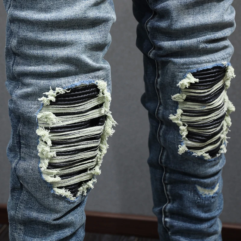 Street Fashion Men Jeans Retro Dark Blue Stretch Elastic Skinny Ripped Jeans Men Leather Patched Designer Hip Hop Brand Pants