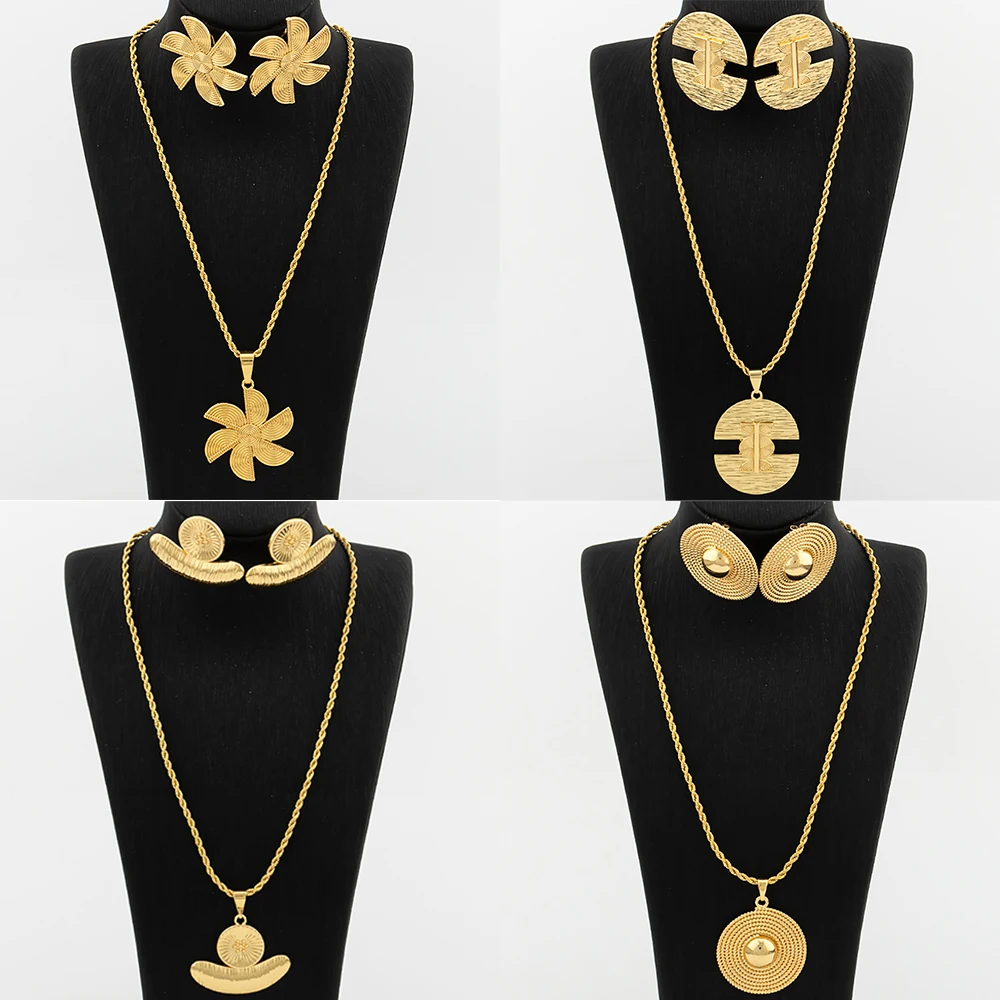

Gold Plated Jewelry Set For Women African Bridal Copper Geometry Pendant Necklace Earrings Party Wedding Jewelry Accessories