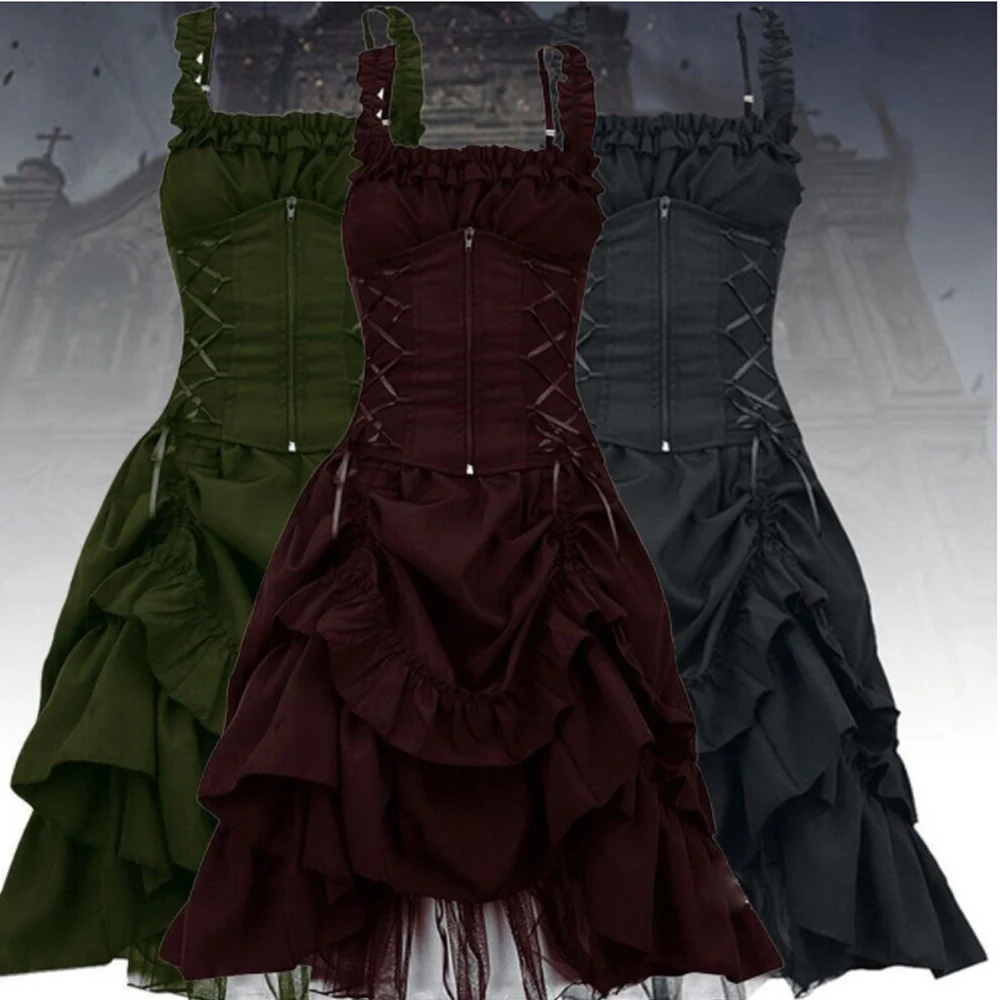 

Gothic Women Darkness Dress Lace Up Corset Waist Vampire Pleated Skirts Goth Lolita Costume Punk Y2K Sundress Plus Size