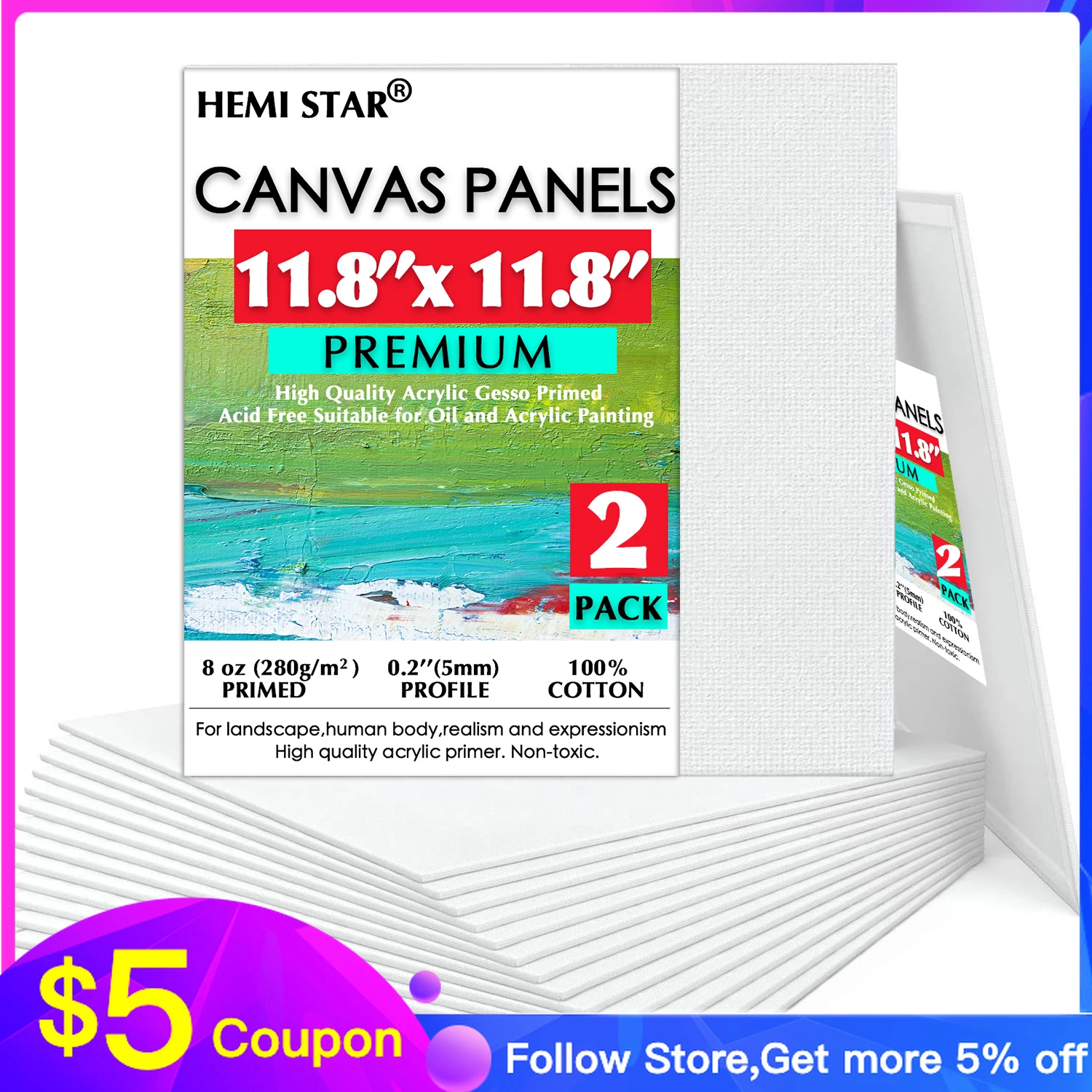 

Canvas Panels 2-pcs 8 Oz Primed Acid-Free 30x30cm-11.8x11.8in 100% Cotton Paint Canvas for Painting, Blank Canvas for Artist