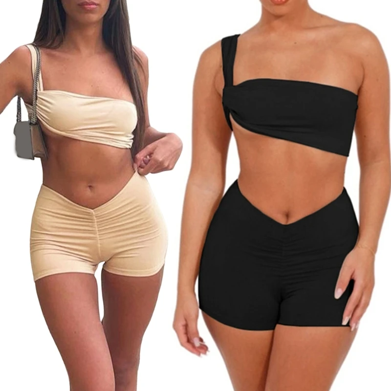 

Женский укороченный топ, комплекты, жилет, короткие брюки, костюм, ультра-короткий топ с диагональными плечами для вечеринок, шорты на одно плечо из ткани Tik-Tok